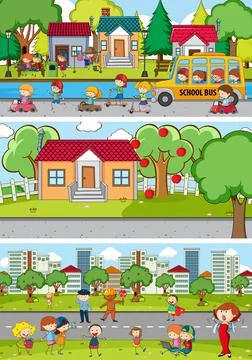 Set of different horizontal scenes background with doodle kids cartoon charac Ilustração Stock