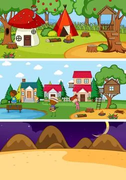 Set of different horizontal scenes background with doodle kids cartoon charac Ilustração Stock