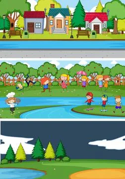Set of different horizontal scenes background with doodle kids cartoon charac Ilustração Stock