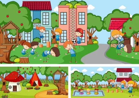 Set of different horizontal scenes with doodle kids cartoon character Ilustração Stock