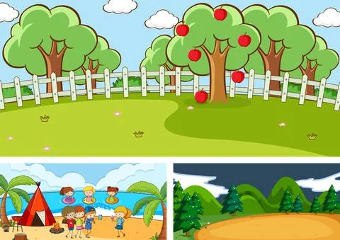 Set of different horizontal scenes with doodle kids cartoon character Ilustração Stock