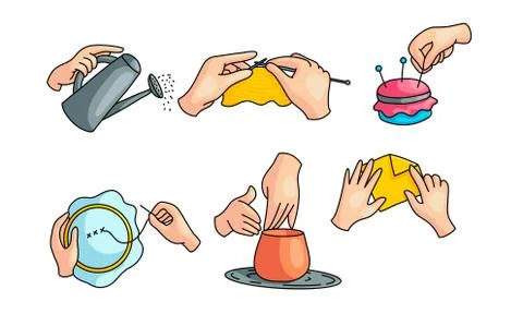 Set of different human hands doing various hobbies crafts. Vector illustration Stock Illustration