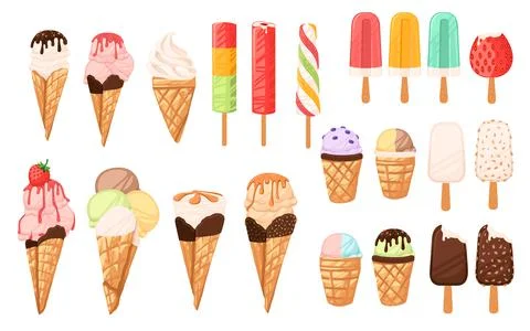 Set of different ice cream cone and bars ice creams with different flavours c Stock Illustration