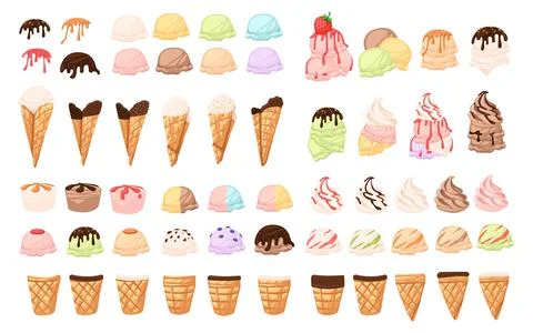 Set of different ice cream cone and bars ice creams with different flavours c Stock Illustration
