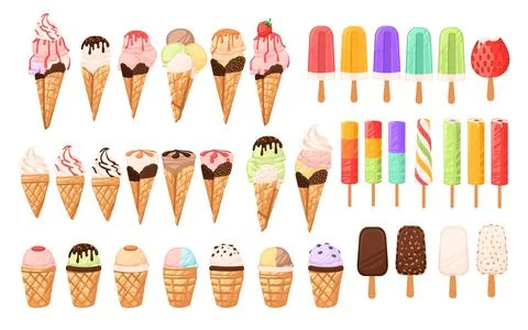 Set of different ice cream cone and bars ice creams with different flavours c Stock Illustration