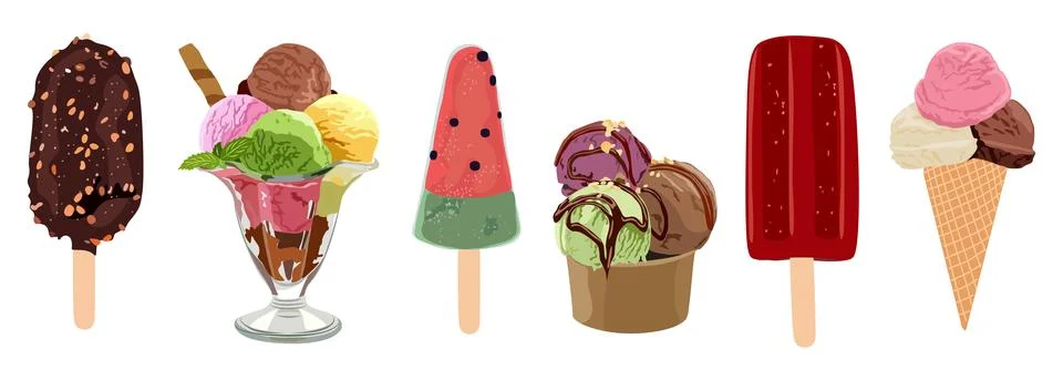 Set of different ice creams vector illustrations. Stock Illustration