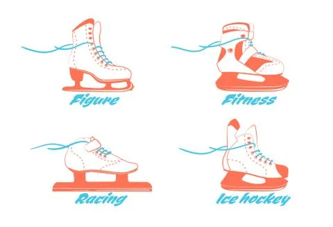 Set of different ice skates - figure, fitness, Racing, hockey. Type of ice skate Stock Illustration