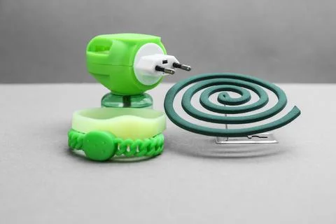Set of different insect repellents on grey background 스톡 사진