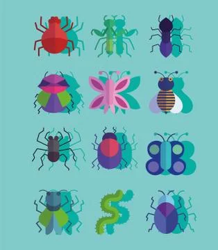Set of different insects or bugs small animals with shadow style Stock Illustration