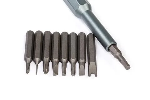 Set of different interchangeable bits for mini screwdriver, close-up Foto stock