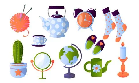 Set of different interior home items. Vector illustration in flat cartoon style. Illustrazione stock