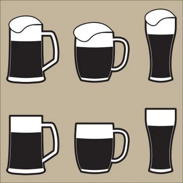Set of different isolated beer mugs and glass with foam. Vector drink icon.  Stock Illustration