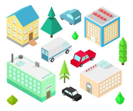 Set of different isometric buildings. Car, green bushes, tree. Illustrazione stock