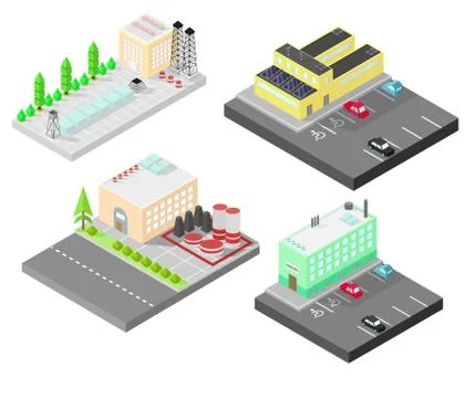 Set of different isometric buildings. Isometric building with solar panel. Ilustración de archivo