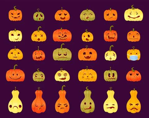 Set of different Jack-o-lantern faces expressions. Halloween party pumpkin ca Stock Illustration