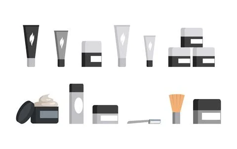 Set of different jars and tubes of cosmetics and shaving tool isolated on white Stock Illustration