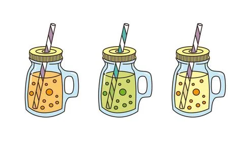 Set with different jars for smoothies with a straw. Stock Illustration