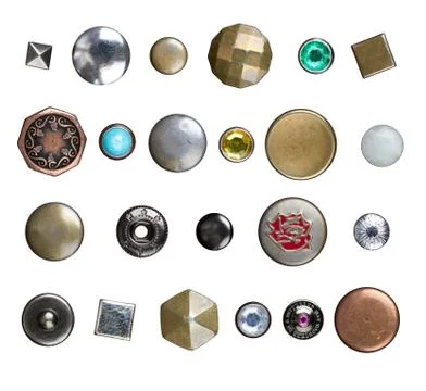 Set of different jeans buttons, rivets and studs isolated on white background Stock Photos