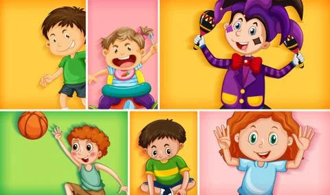 Set of different kid characters on different color background Stock Illustration
