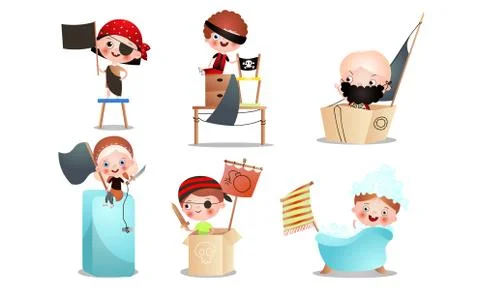 Set of different kid characters that play in a pirate game. Vector illustration Stock Illustration