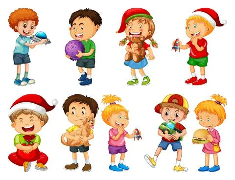 Set of different kid playing with their toys cartoon character isolated on wh Stock Illustration