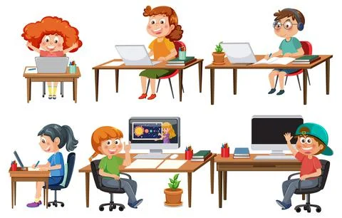 Set of different kids doing homework Stock Illustration