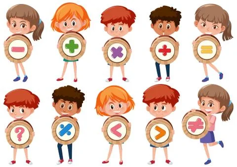 Set of different kids holding basic math symbol or sign cartoon characters is Illustrazione stock