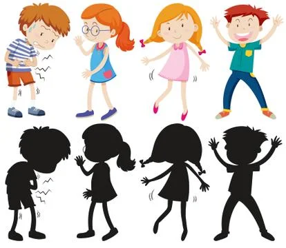 Set of different kids with its silhouette Stock Illustration