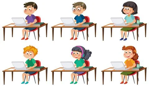 Set of different kids studying on laptop イラスト素材