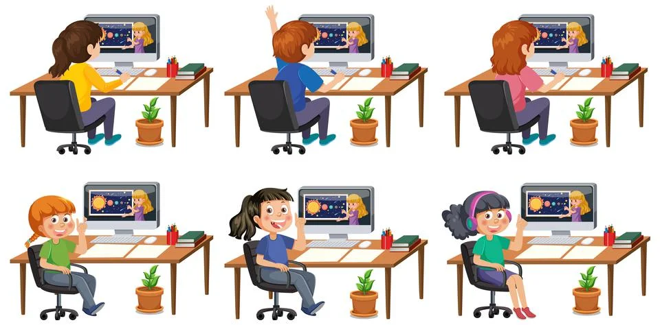 Set of different kids using computer 스톡 일러스트
