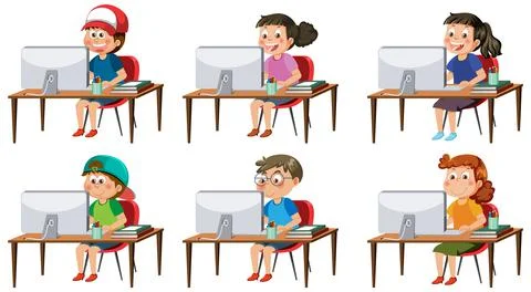 Set of different kids using computer 스톡 일러스트