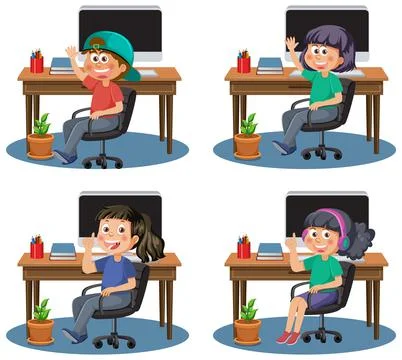 Set of different kids using computer Illustrazione stock