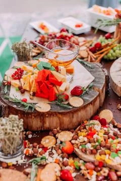 Set of different kind of cheese at the table. Caytering service. Stock Photos
