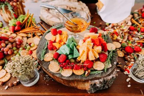 Set of different kind of cheese at the table. Caytering service. Stock Photos
