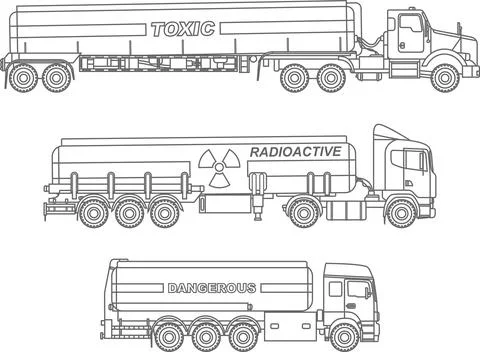 Set of different kind cistern trucks carrying chemical, radioactive substances Stock Illustration
