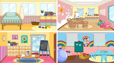 Set of different kindergarten classroom scenes Stock Illustration