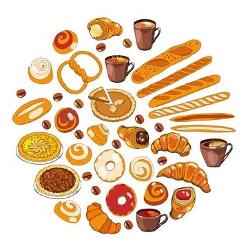 Set with different kinds of bakery, a cup of tea and coffee. Vector hand draw Stock Illustration