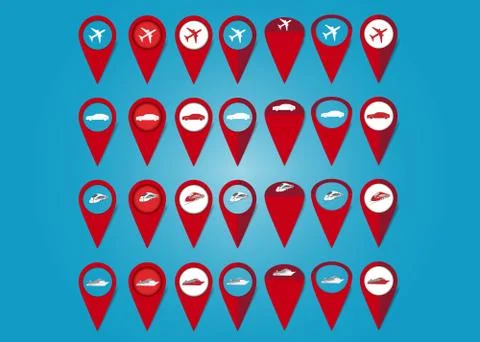 Set of different kinds of map pointers with transport icons Illustrazione stock