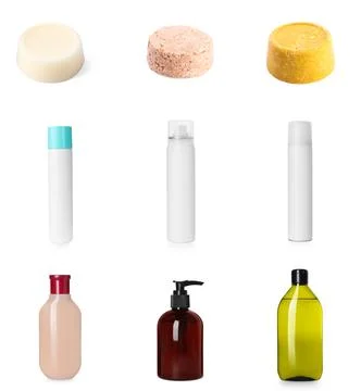 Set with different kinds of shampoo: ordinary, dry and solid on white backg.. 写真素材
