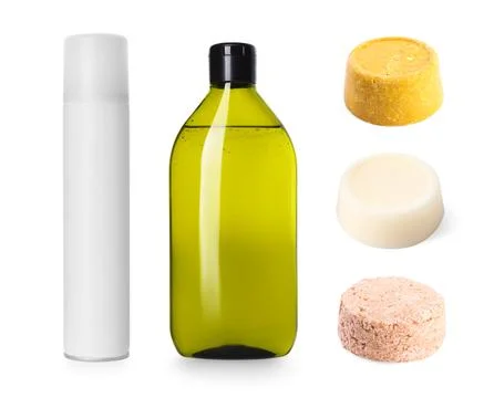 Set with different kinds of shampoo: ordinary, dry and solid on white backg.. 写真素材