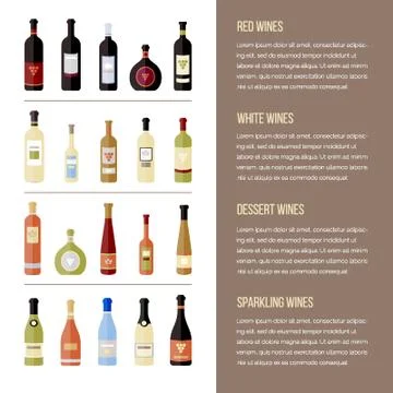 Set of different kinds wine bottles in flat. Design elements for banners Stockillustratie