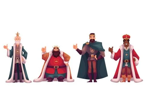 Set of different kings in crowns and mantles Stock Illustration