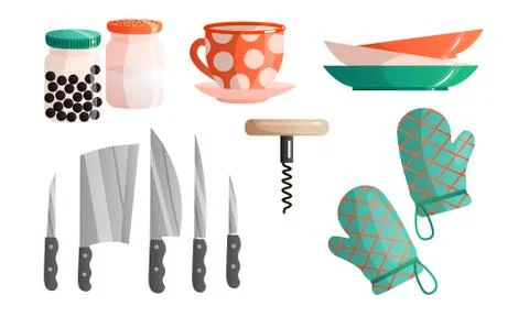 Set of different kitchen tools, kitchenware, and kitchen appliances. Vector Stock Illustration