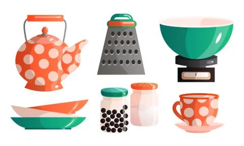 Set of different kitchen tools, kitchenware, and kitchen appliances. Vector Stock Illustration