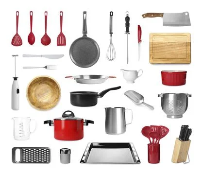 Set with different kitchenware on white background Stock Photos