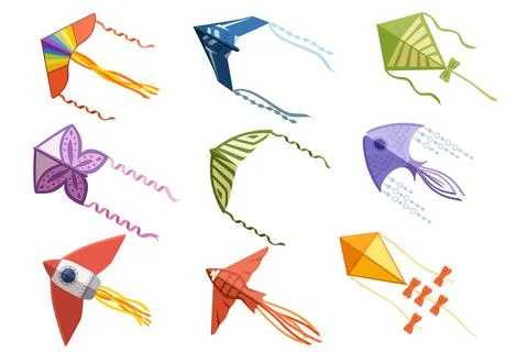Set of different kites wind flying toy vector illustration isolated on white  Stock Illustration