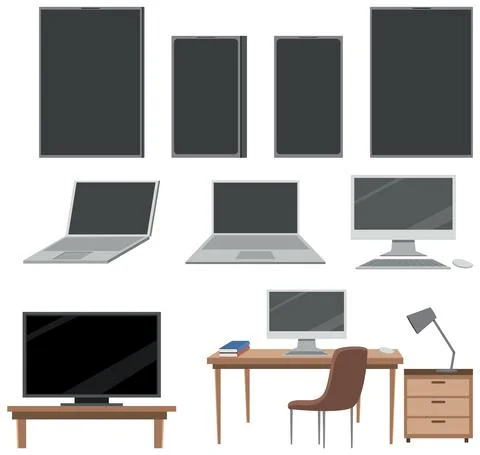 Set of different laptop computer in office イラスト素材