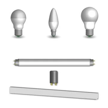 Set of different LED and fluorescent light bulbs in 3D, vector illustration. Stock Illustration