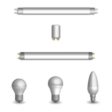 Set of different LED and fluorescent light bulbs in 3D, vector illustration. Stock Illustration