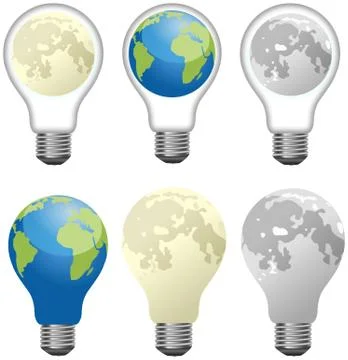 Set of different light bulbs designed as moon and earth Stock Illustration